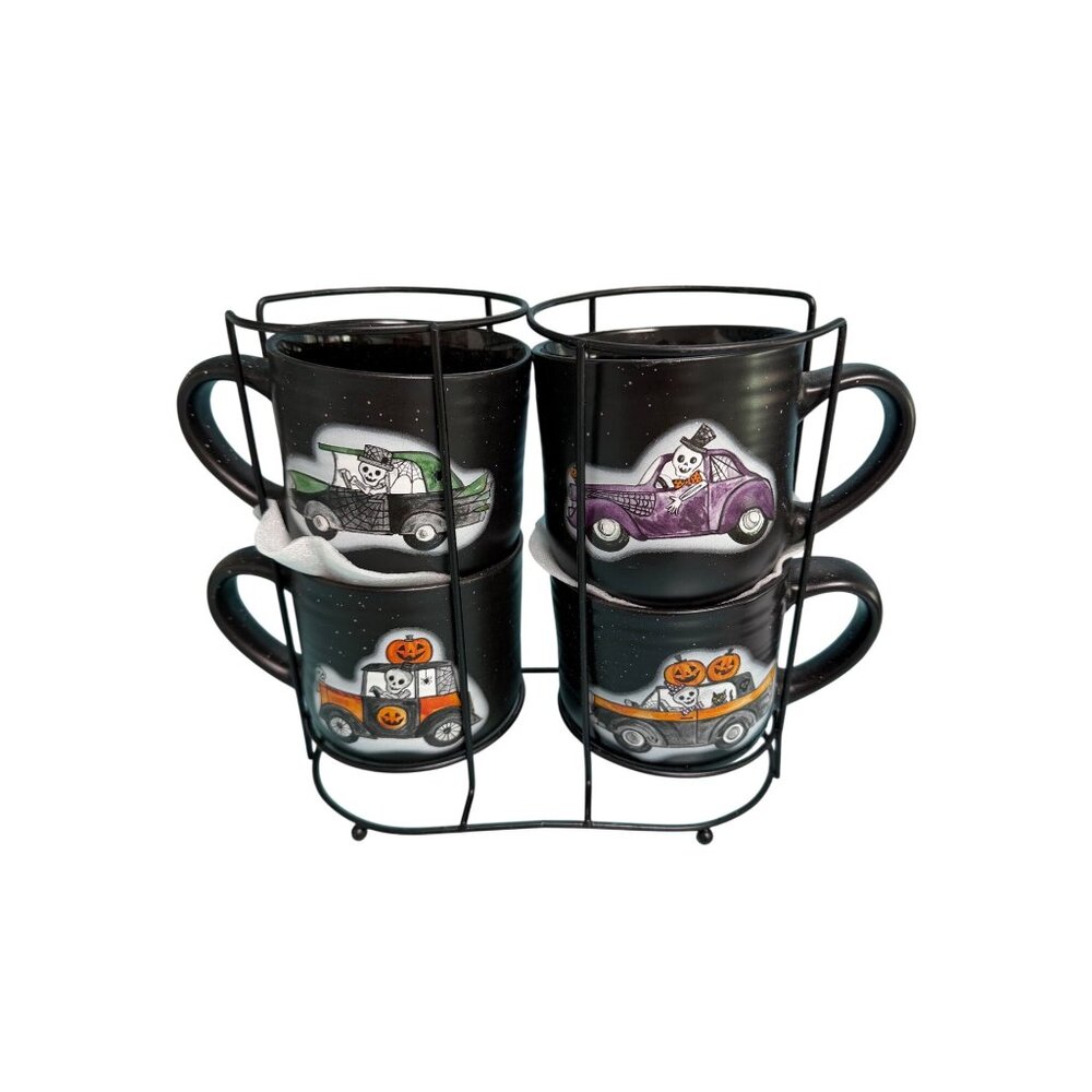 Cobwebs And Cauldrons Ceramic Halloween Set of 4 Mugs Pumpkins Skeletons In Cars - Picture 3 of 14